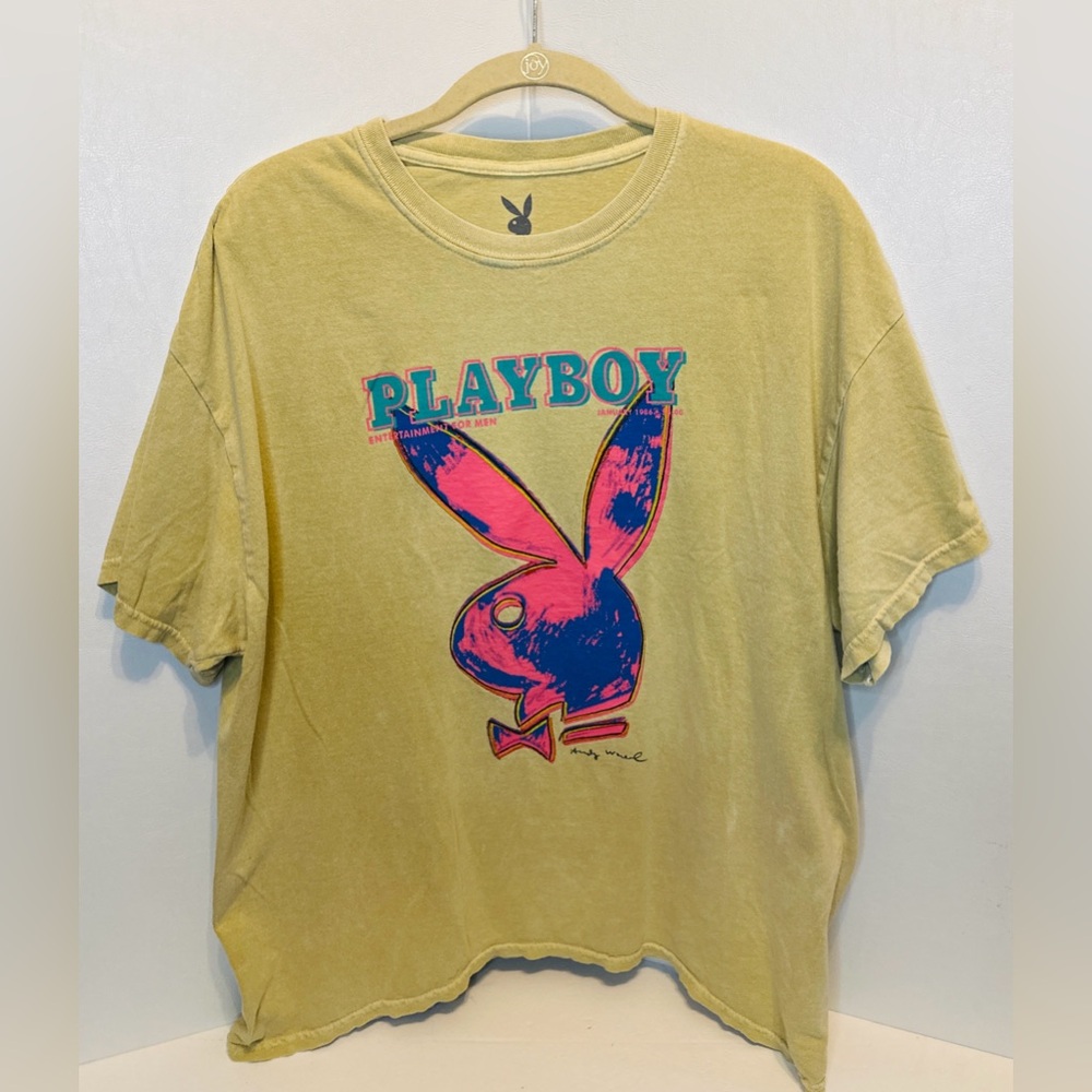 Playboy Yellow Graphic Tee Jan 1986 Playboy Andy Warhol Cover Pop Art SZ Large